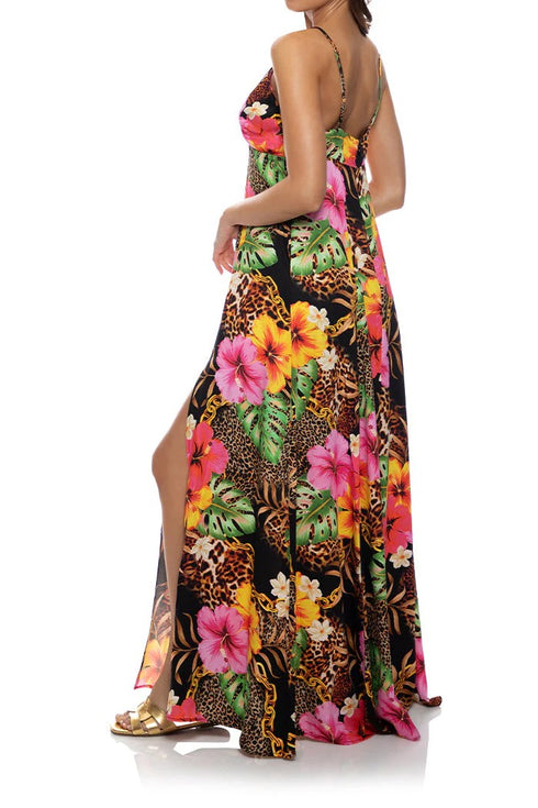 Luli Fama Visions Of Paradise Chain Bralette Side Slit Maxi Dress