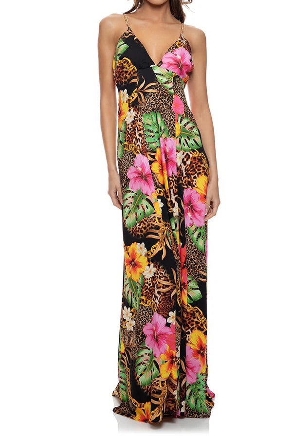 Luli Fama Visions Of Paradise Chain Bralette Side Slit Maxi Dress