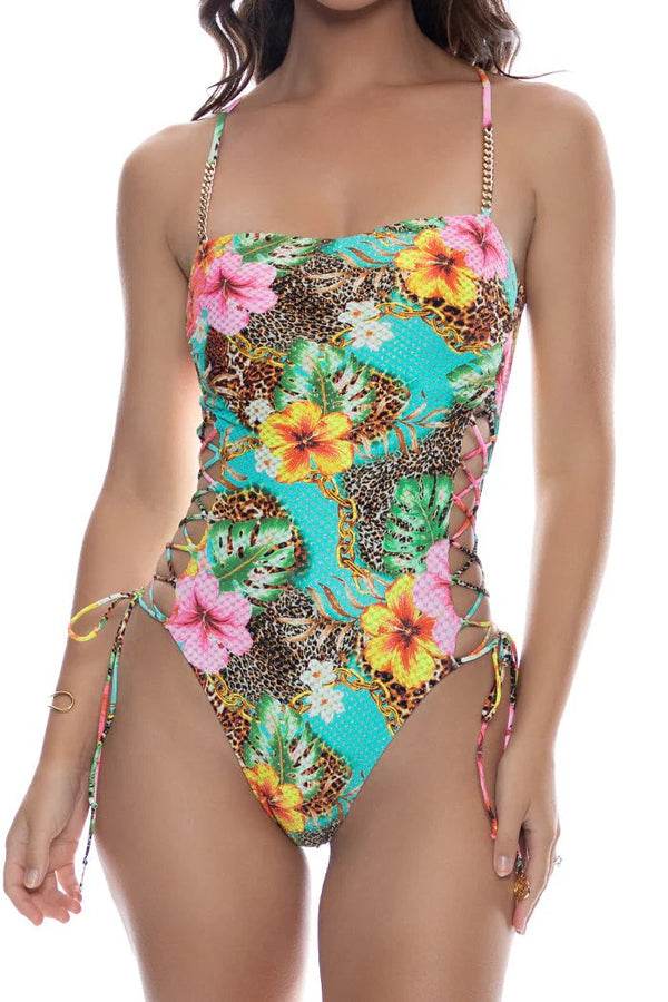 Luli Fama Visions of Paradise Chain Square Neck Laced Up One Piece