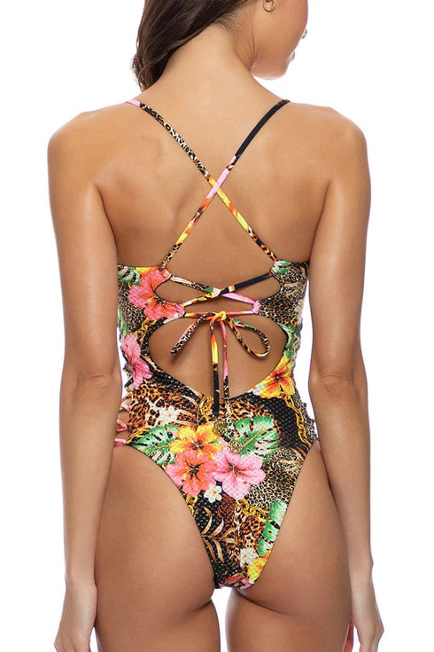 Luli Fama Visions Of Paradise Chain Square Neck Laced Up One Piece