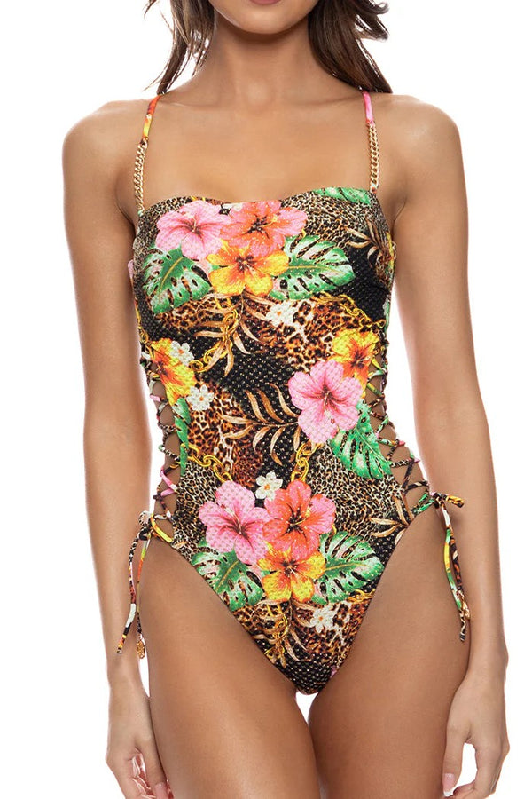 Luli Fama Visions Of Paradise Chain Square Neck Laced Up One Piece