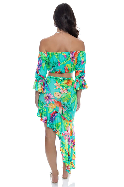 Luli Fama Carribean Fantasy Off The Shoulder 3/4 Ruffless Sleeve Crop Top