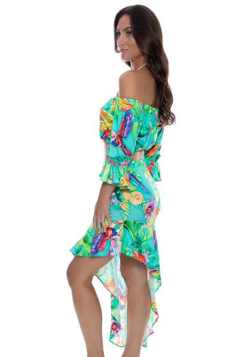 Luli Fama Carribean Fantasy Off The Shoulder 3/4 Ruffless Sleeve Crop Top