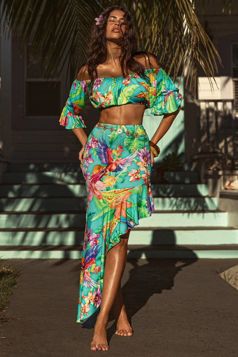 Luli Fama Carribean Fantasy Off The Shoulder 3/4 Ruffless Sleeve Crop Top