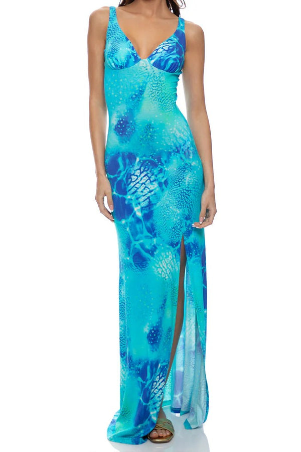 Luli Fama Aqua Dreams Plunge Long Dress
