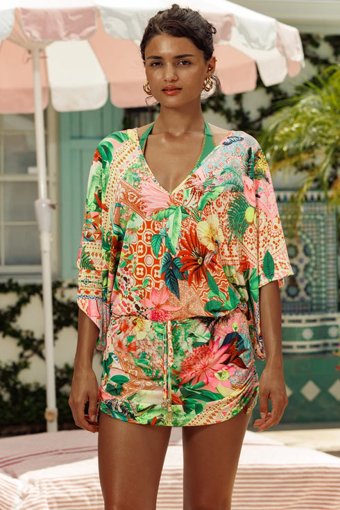 Luli Fama Opulent Eden Cabana V Neck Dress