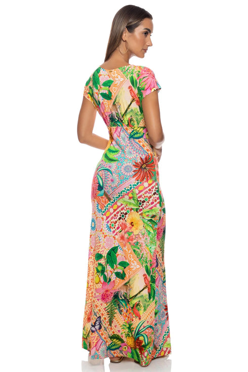Luli Fama Opulent Eden Cap Sleeve Long Dress