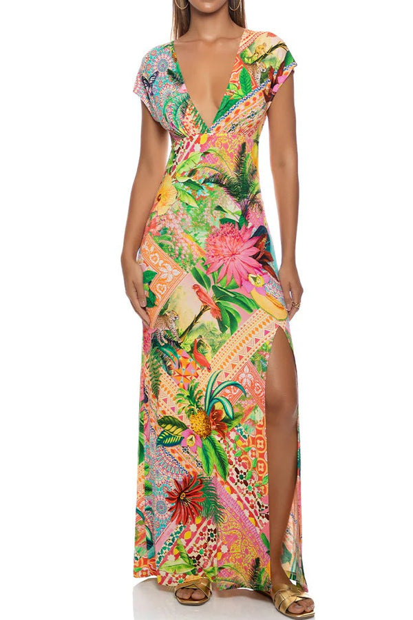 Luli Fama Opulent Eden Cap Sleeve Long Dress