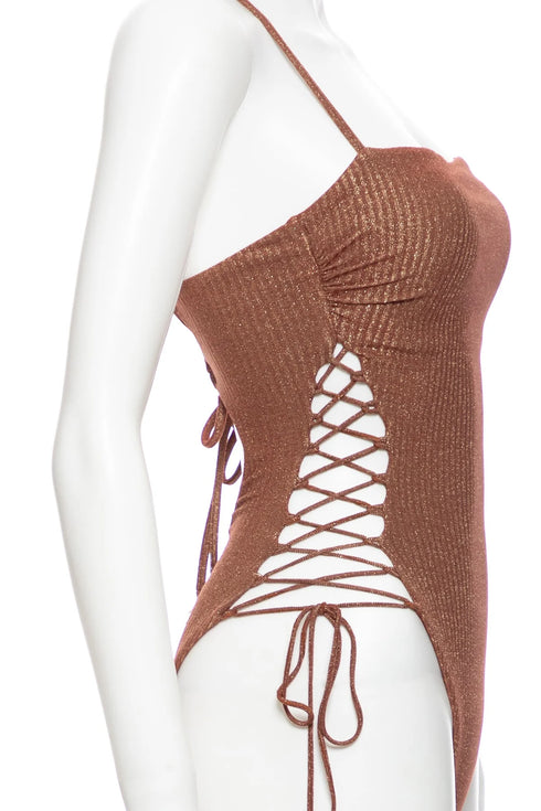 Luli Fama Toasted Glow Square Neck Laced Up One Piece