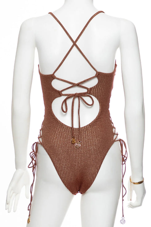 Luli Fama Toasted Glow Square Neck Laced Up One Piece
