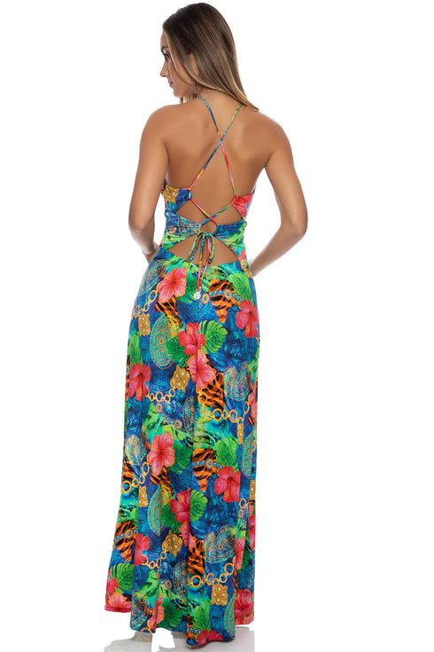Luli Fama Jungle Reign Halter Ring Long Dress