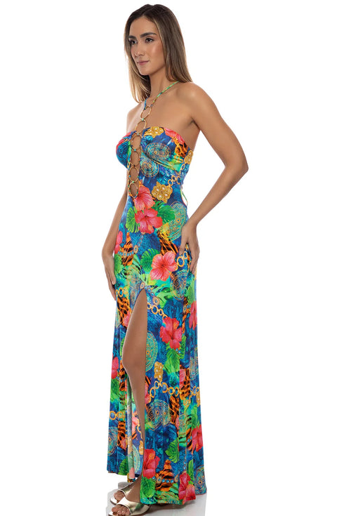 Luli Fama Jungle Reign Halter Ring Long Dress