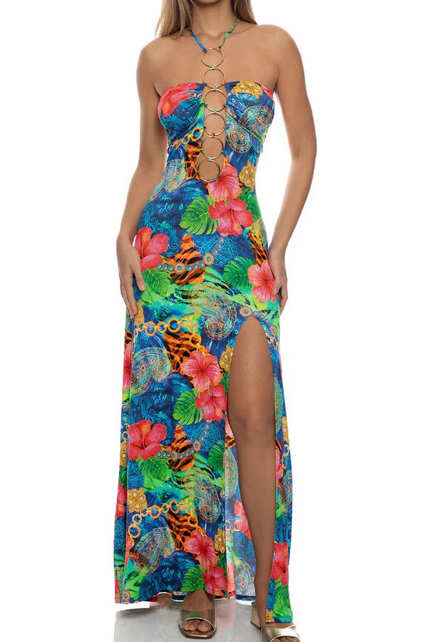 Luli Fama Jungle Reign Halter Ring Long Dress