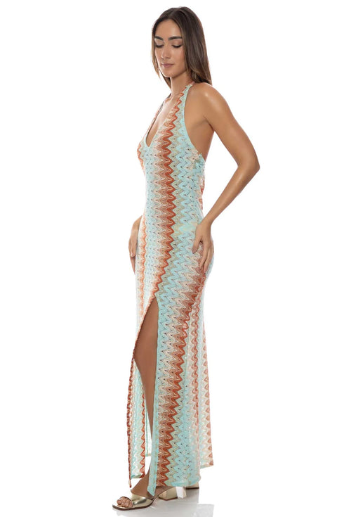 Luli Fama Zig Zag Flow Halter Long Dress