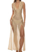 Luli Fama Golden Drift Deep V Long Dress