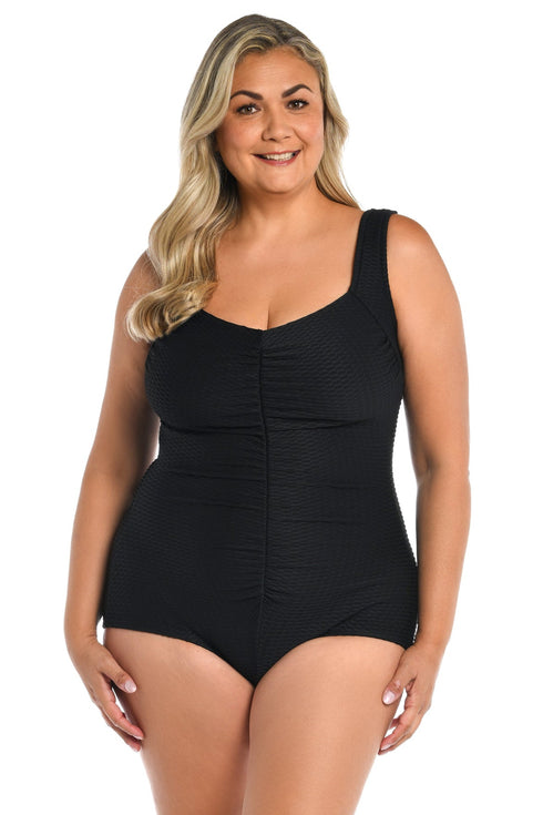 Maxine Of Hollywood Textured Spa Solids Girl Leg One Piece