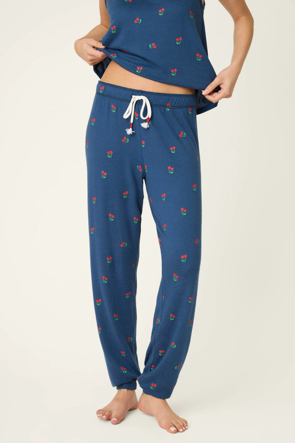 Pj Salvage Star Spangled True Navy Cherry Print Banded Pants