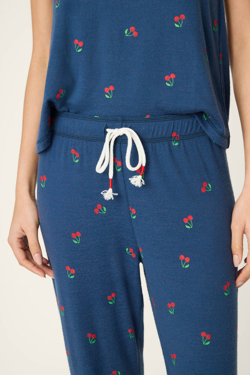 Pj Salvage Star Spangled True Navy Cherry Print Banded Pants