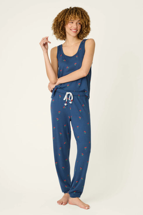 Pj Salvage Star Spangled True Navy Cherry Print Banded Pants
