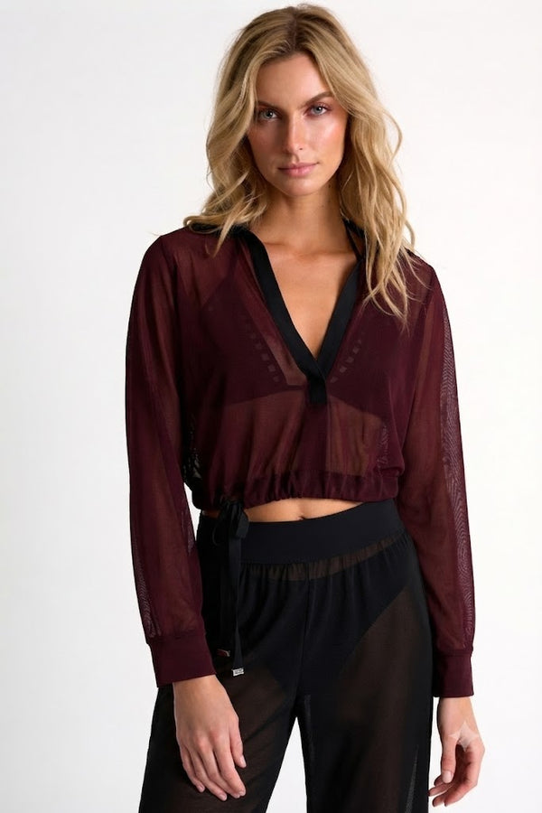 Shan Mia Cropped long-sleeve mesh shirt