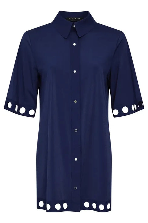 Shan Elisabeth Button-down Lycra swimsuit cover-up with round cutouts