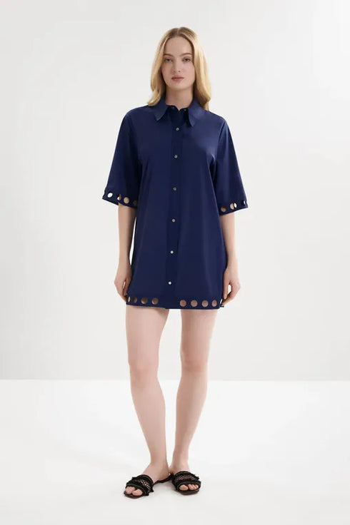 Shan Elisabeth Button-down Lycra swimsuit cover-up with round cutouts