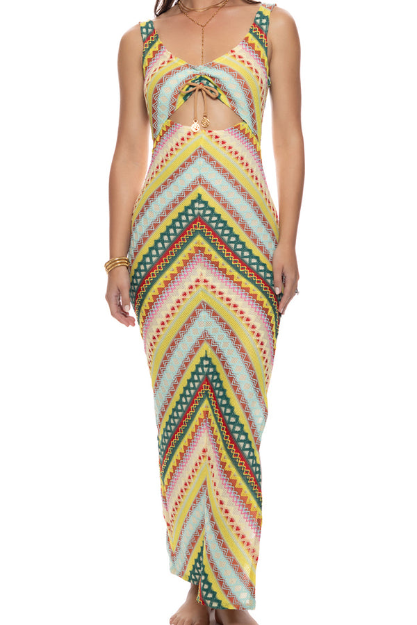Luli Fama High Noon Heat Drawstring Peek A Boo Maxi Dress