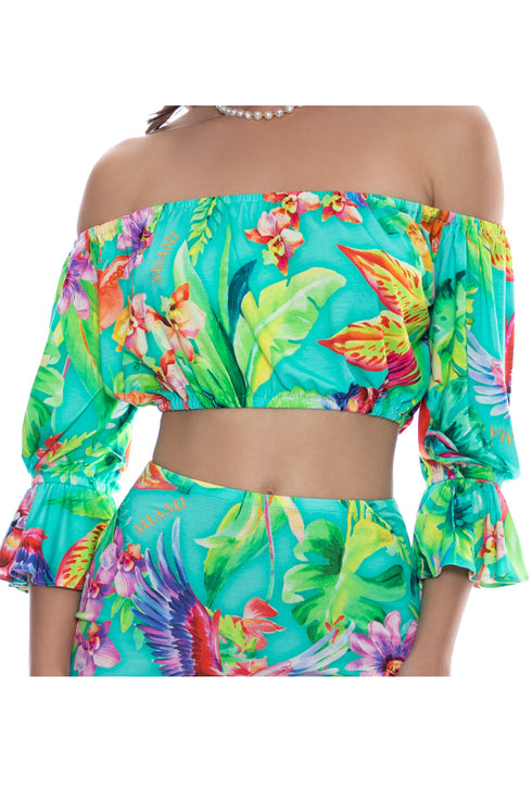 Luli Fama Carribean Fantasy Off The Shoulder 3/4 Ruffless Sleeve Crop Top