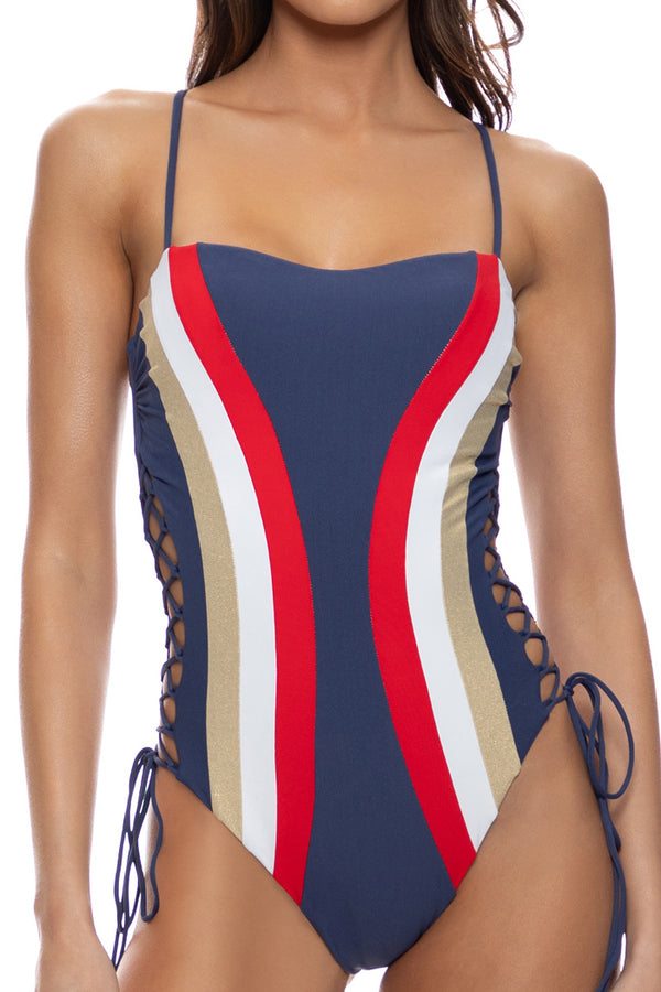 Luli Fama American Icon Waves Square Neck Laced Up One Piece