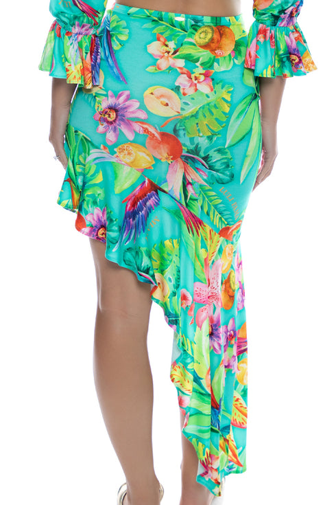 Luli Fama Carribean Fantasy Asymmetrical Ruffle Trim Midi Skirt