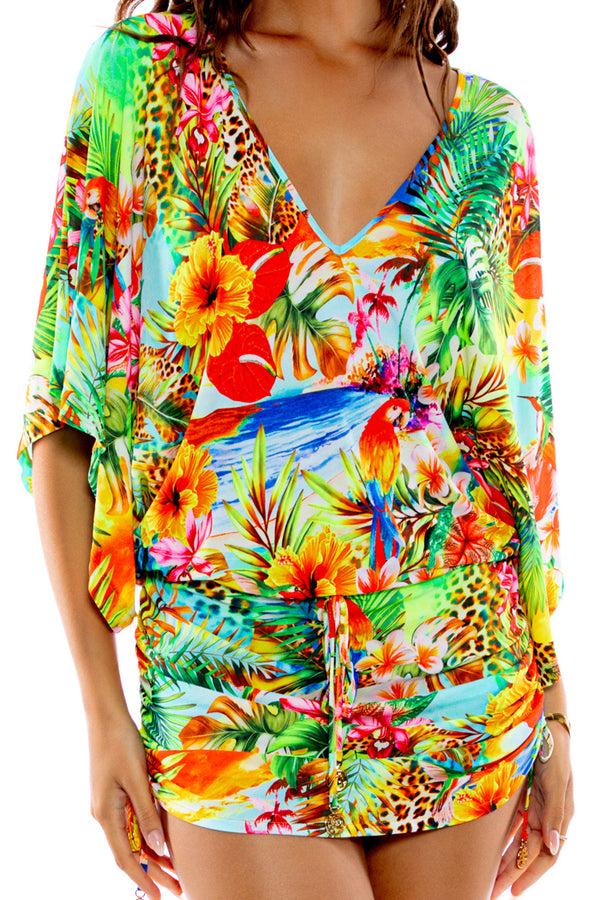 Luli Fama Birds Of Paradise Cabana V Neck Dress