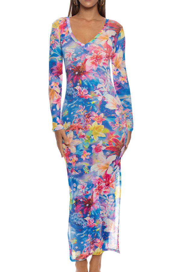 Luli Fama Underwater Dreaming V Neck Long Sleeve Maxi Dress