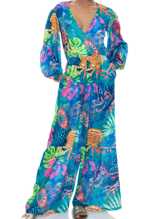 Luli Fama Tropical Siren Long Sleeve Jumpsuit With Pockets