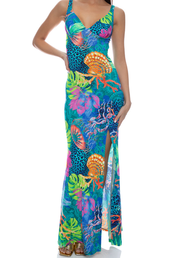 Luli Fama Tropical Siren Plunge Long Dress
