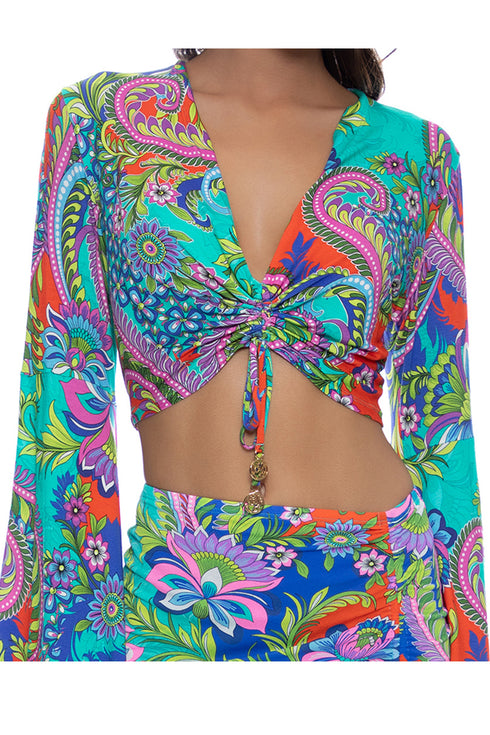 Luli Fama In The Groove Bell Sleeve Scrunched Crop Top