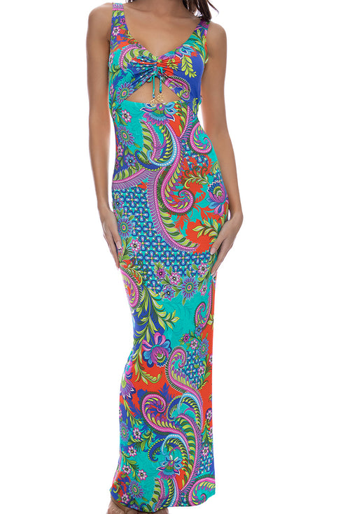 Luli Fama In The Groove Drawstring Peek A Boo Maxi Dress