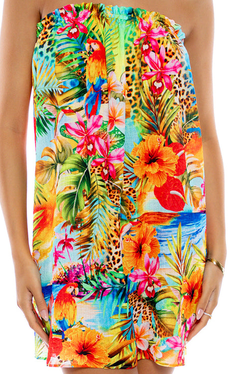 Luli Fama Birds Of Paradise Relaxed Strapless Mini Dress