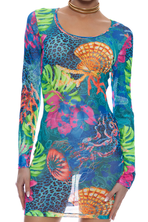 Luli Fama Tropical Siren Long Sleeve Mini Dress