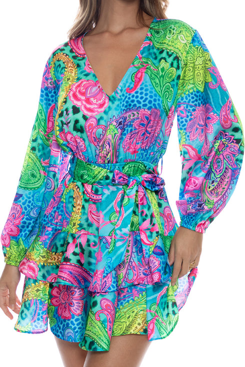 Luli Fama Seaglass Fantasy Long Sleeve Tiereel Ruffle Mini Dress