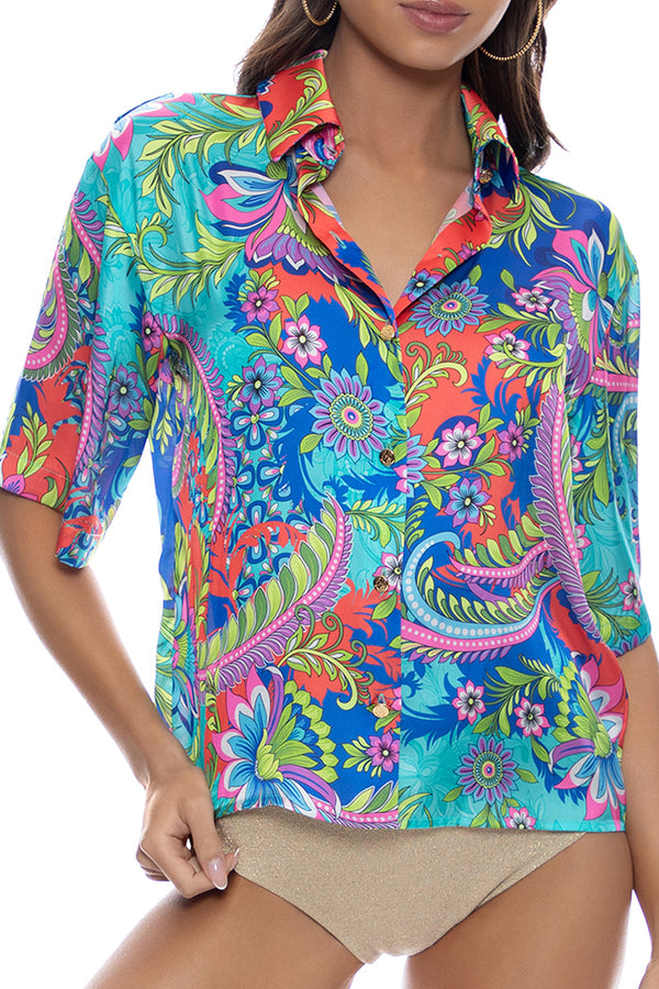 Luli Fama In The Groove Short Sleeve Collared Blouse