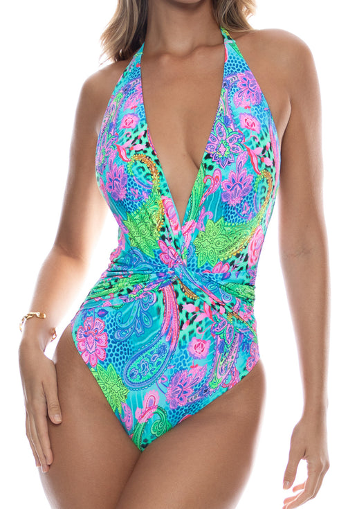 Luli Fama Seaglass Fantasy Front Twist Halter One Piece Fuller Coverage