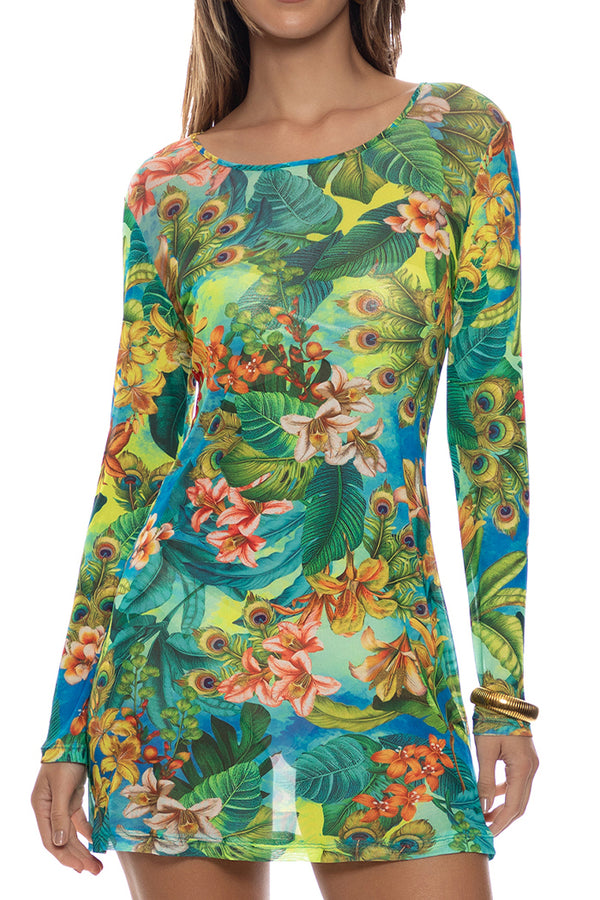 Luli Fama Peacock Affair Long Sleeve Short Dress