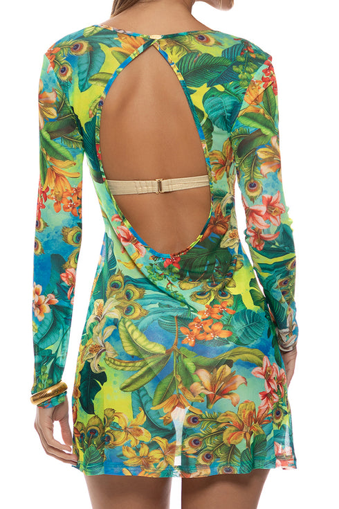 Luli Fama Peacock Affair Long Sleeve Short Dress