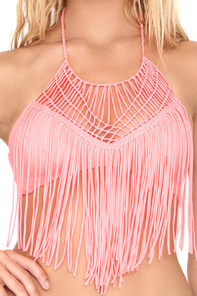Luli Fama Heart Of A Hippie Weave Fringed Halter Top
