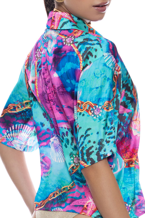 Luli Fama Treasure Collared 3/4 Sleeve Button Up Shirt