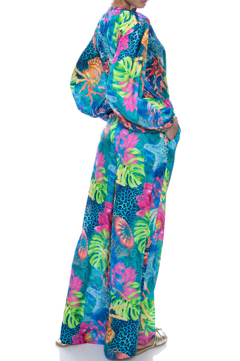 Luli Fama Tropical Siren Long Sleeve Jumpsuit With Pockets