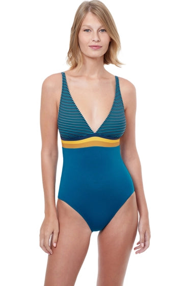 Gottex Luma Stripes of Light V-Neck Halter One Piece Swimsuit