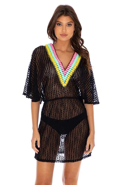 Luli Fama Night Lights POMPOM TRIM SHORT DRESS