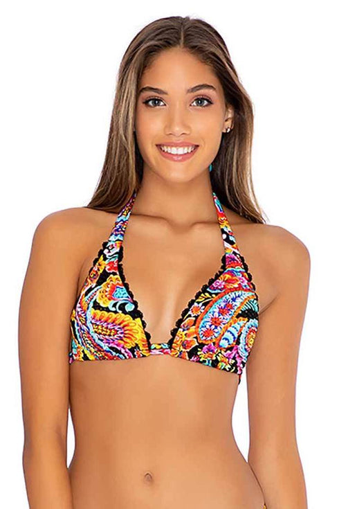 Luli Fama Moon Nights LACE TRIM TRIANGLE HALTER TOP