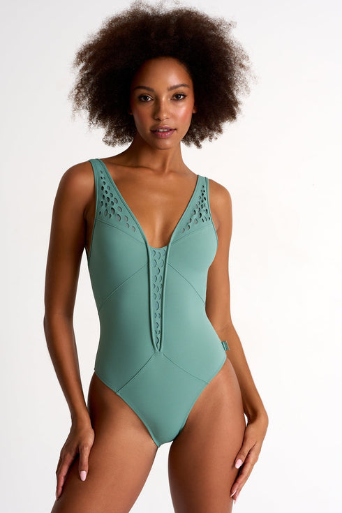Deep V-Neck One-Piece - 42480-05-600 4 / 600 Sage / 75% POLYAMIDE, 25% ELASTANE